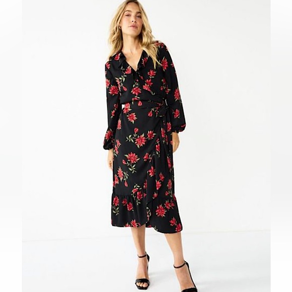 Draper James Dresses & Skirts - Draper James long sleeve ruffle wrap midi dress, red/black floral, size Large